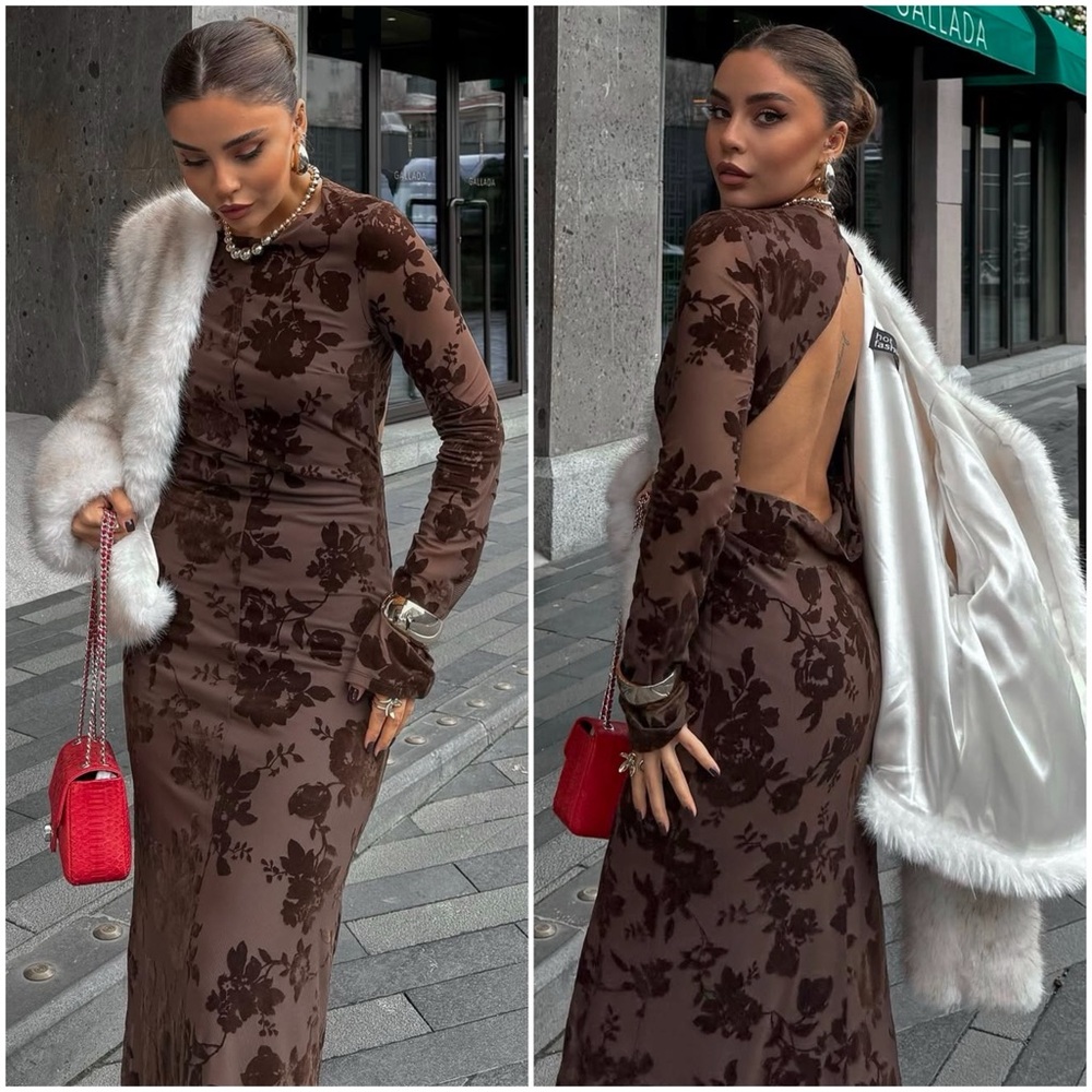 ZARA Long Floral Flocked Tulle Maxi Dress Open Back In Mink - Picture 4 of 13